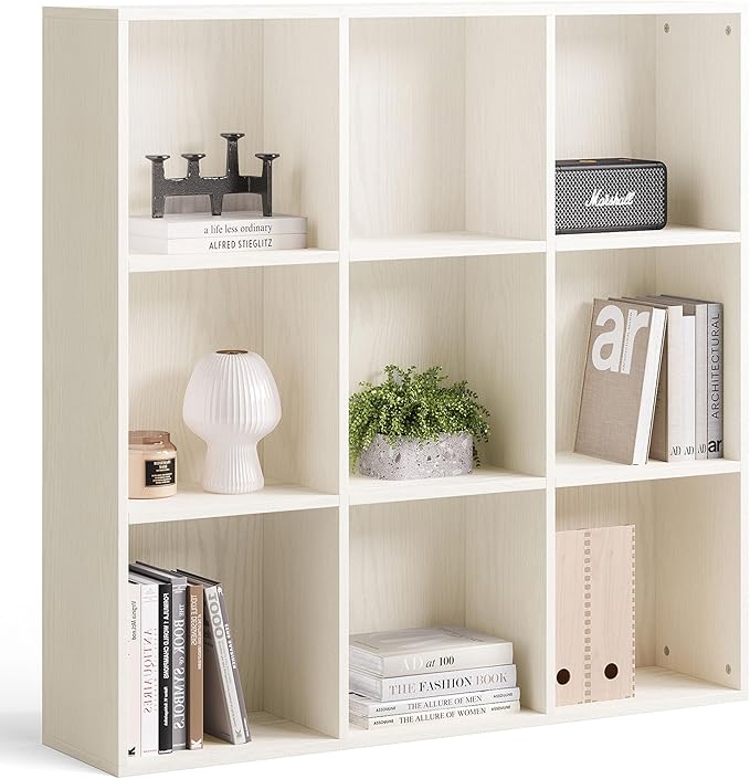 LINSY HOME Cube Storage Shelf, 3 Tier Floor Standing Book Shelf with Storage, Open Freestanding 9-Cube Bookcase Small, White Wooden Bookshelf for Home Office, Bedroom, White Oak