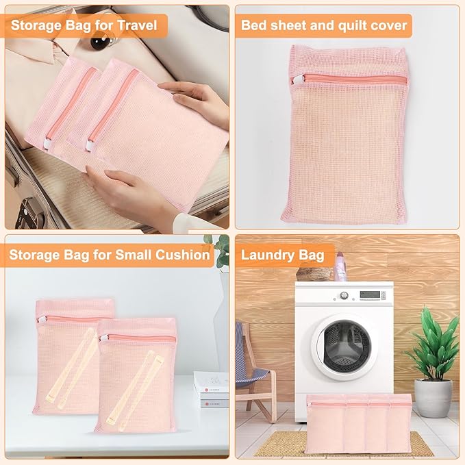 4 Piece Pink Small, Durable Organic Cotton Mesh Laundry Bag with Strong Zipper and Breathable Mesh, Delicate Laundry Bag for Underwear, Clothes, Pants and Socks