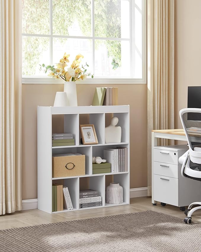 VASAGLE Bookcase, Bookshelf, Freestanding Storage Unit, 8 Open Compartments, Used Horizontally, Vertically, Upside Down, 11 x 35.4 x 39.4 Inches, for Living Room, Study, Office, White ULBC55WT