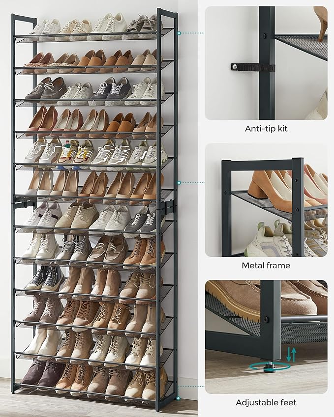 SONGMICS 12-Tier Stackable Shoe Shelf Set, Metal Shoe Storage for Garage, Entryway, with Adjustable Shelves, Hold 48-60 Pairs, Cool Gray ULMR12G01