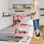 3 Tier Metal Rolling Cart with Lockable Wheels and Handle, Three Tiered Pink Trolley Cart on Wheels, Utility Storage Organizer for Bathroom, Kitchen, Teachers, Art, Crafts, Baby Diaper, Snack, Nail
