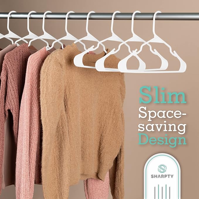 Sharpty Plastic Hangers Clothes Hangers for Clothing, Closet, Coats & Shirts - Notched, Durable, Space Saving - for Everyday Standard Use, Room Essentials & Basics - 50 Pack - White