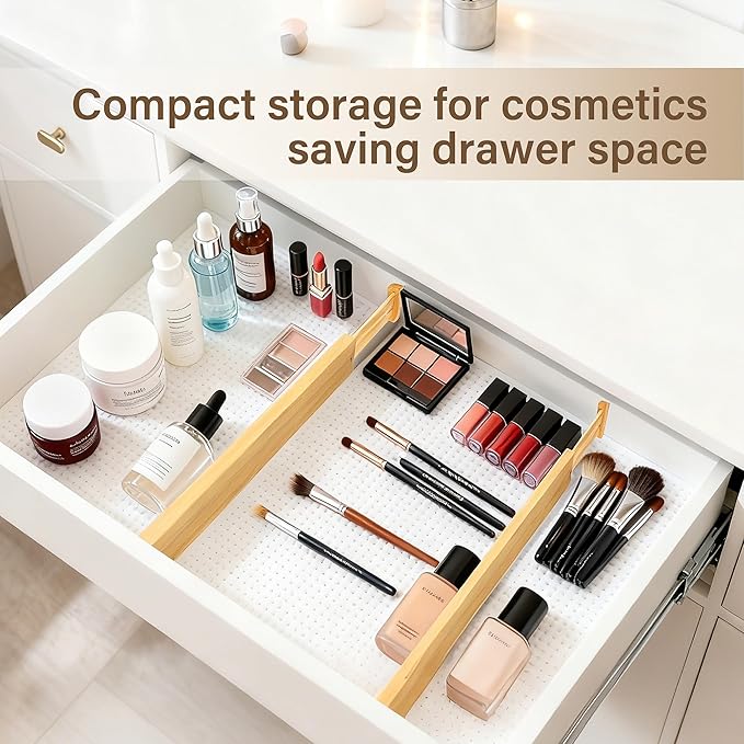 Bamboo Drawer Divider Set of 4, Adjustable Spring-Loaded Drawer Organizer (16.9"-22.2"), 2.3" Height, Suitable for Kitchen, Desk, Bathroom, Clothing, and Miscellaneous Drawer Organization, Natural