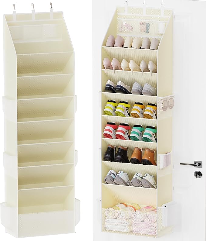 Criusia Shoe Storage, Over the Door Shoe Organizer, Hanging Closet Shoe Storage with Large Deep Pockets, Fits 16–24 Pairs of Sneakers, Sandals, Boots, Beige
