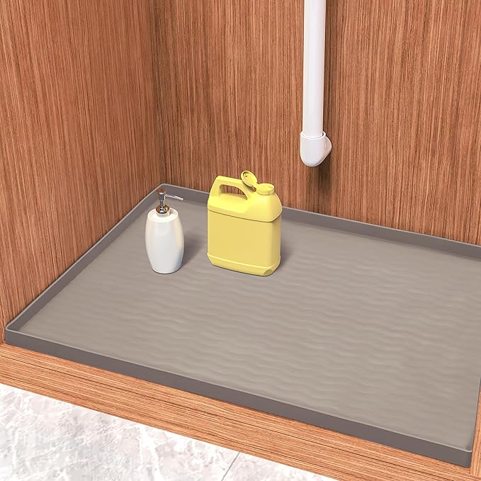 URMONA Waterproof Silicone Under Sink Mat 34'' x 22'' Shelf Liner for Kitchen and Bathroom, Cabinet and Counter Protector, Storage and Organizers, Litter Mat, Pet Cat Puppy Essentials(Beige)