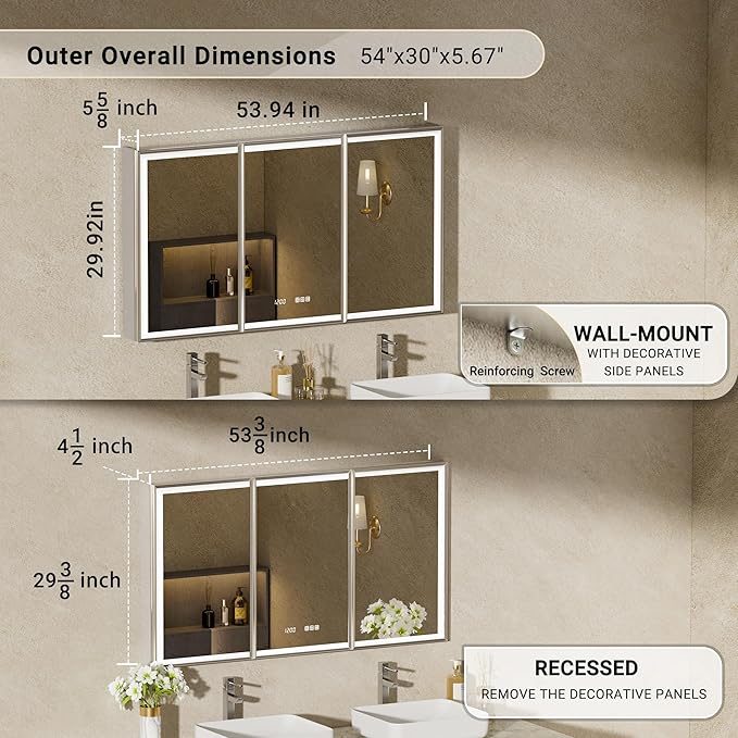 54x30 Lighted Medicine Cabinet with Mirror, Beveled Brushed Nickel Framed Surface or Recessed Fogless Dimmable LED Medicine Cabinet with Outlet, Time Display and Sensor Inner Light