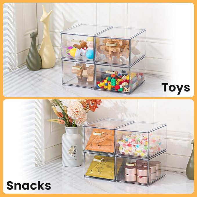 4 Pack Clear Stackable Storage Drawers, 8" Tall Bathroom Makeup Organizer with Handle, Plastic Organizer Bins Easy Assembly for Home, Kitchen, Pantry, Cabinet Under Sink Organization