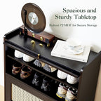 Netsatr Shoe Cabinet with Doors, 5-Tier Shoe Storage Cabinet with Adjustable Shelves, Shoes Rack Organizer Cabinet, Boho Rattan Farmhouse Storage Cabinet for Entryway, Hallway, Front Door, Black