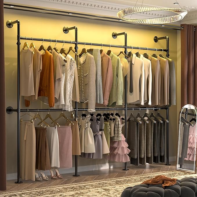 Aheaplus Industrial Pipe Clothing Rack, Reversible 9.85FT Clothes Rack for Hanging Clothes, Heavy Duty Garment Racks, Wall Mounted Closet Wardrobe Racks, Corner L Shaped Walk-in Closet System, Black