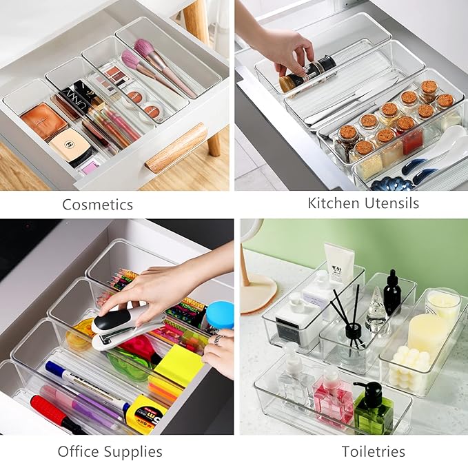 8 PACK Clear Stackable Drawer Organizer Bins, Plastic Organizer Bins for Cutlery Vanity Storage Tray for Bathroom Kitchen Office Desk Organizing