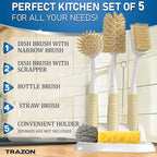 Dish Brush Set of 5 with Holder - Kitchen Scrub Brushes with Non-Slip Long Handle for Cleaning, Scrubber, Dishwashing, Dishes, Bottles, Straws, Cups, Pots & Sink, Baige