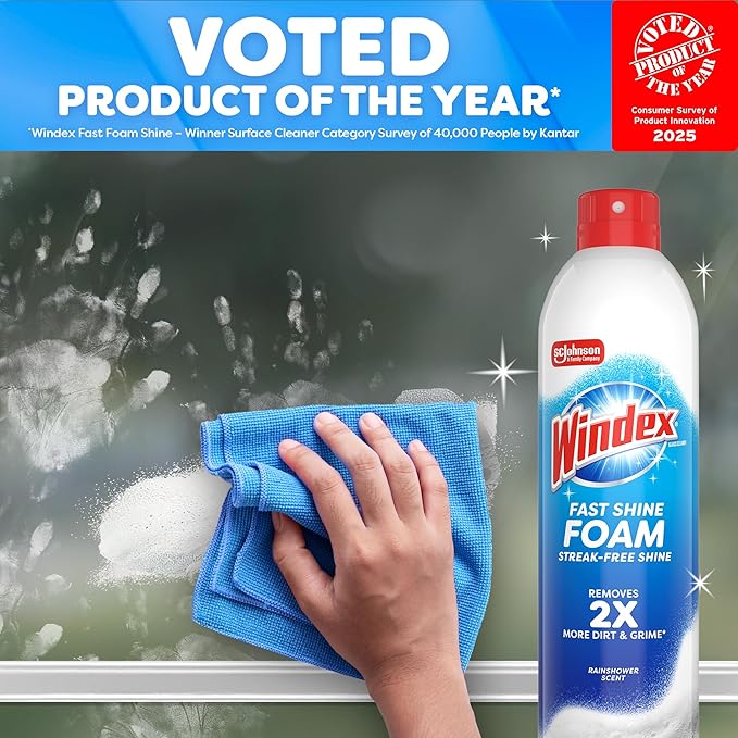 Windex Fast Shine Foam Glass Cleaner Supplies, No-Drip Window & Mirror Aerosol Spray, Streak-Free, Removes Fingerprints, Dust, Dirt & Smoke Film, Grapefruit Scent, 19 oz (Pack of 2)