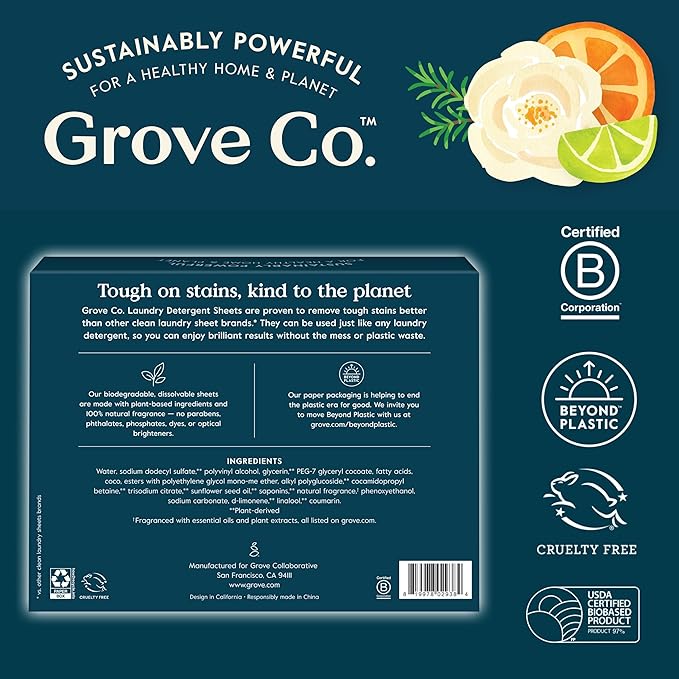 Grove Co. Laundry Detergent Sheets, Power Clean Dissolving Washer Sheets (2 Pack - 64 Loads) Tough Stain Remover, Unscented Free & Clear Formula
