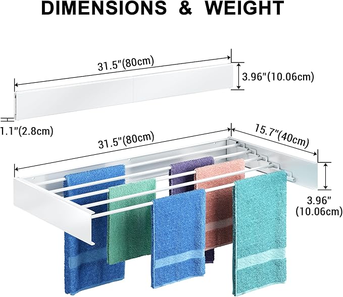 Wall Mounted Drying Rack, 31.5 "Wide, 13.2 Linear Ft, 5 Aluminum Rods, 40 lb Capacity, Space Saver Laundry Drying Rack Collapsible (Silvery Pole 31.5" Medium)
