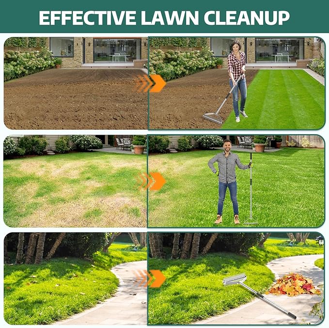 Lawn Rake for Yard, 304 Stainless Steel Thatch Rake for Lawns - Heavy Duty Dethatcher Blades with Adjustable Handle , Efficient Dethatching Rakes for Cleaning Dead Grass, Loosening Soil