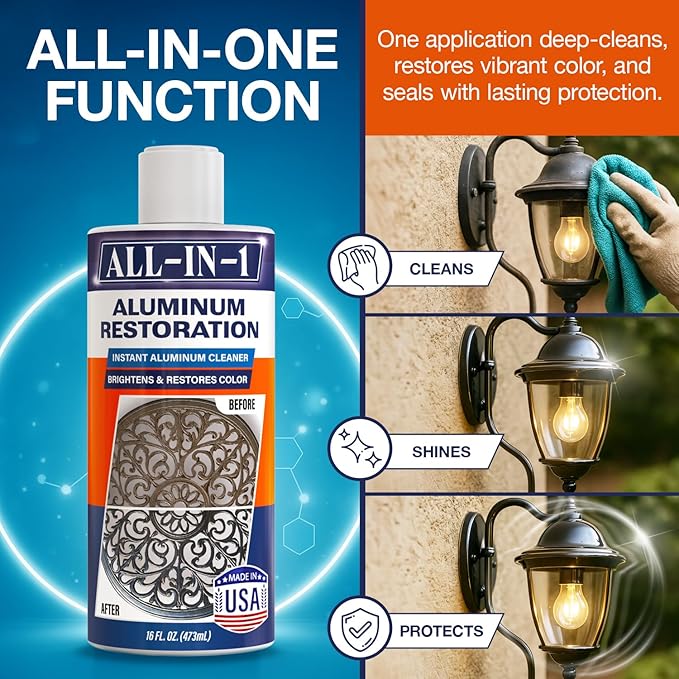 All-In-1 Aluminum Cleaner & Restoration Solution – Made in USA, Restores Faded Patio Furniture, Garage Doors, & Outdoor Fixtures, Aluminum Brightener & Restorer for All Painted Metal Surfaces, 16 OZ