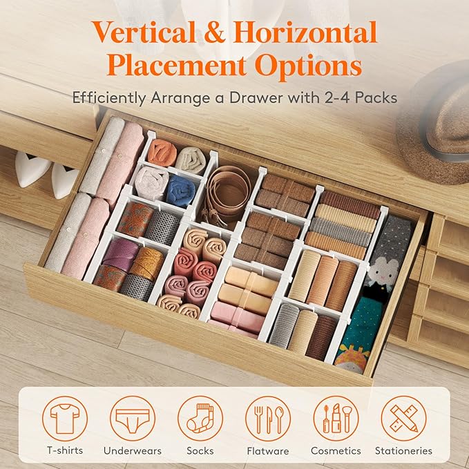 Lifewit 12 Pack Drawer Dividers 4" High, 13.5"-22" Adjustable Drawer Organizer with 18 Inserts for Clothes/Makeup, Plastic Expandable Separators in Dresser/Bedroom/Bathroom/Kitchen/Office