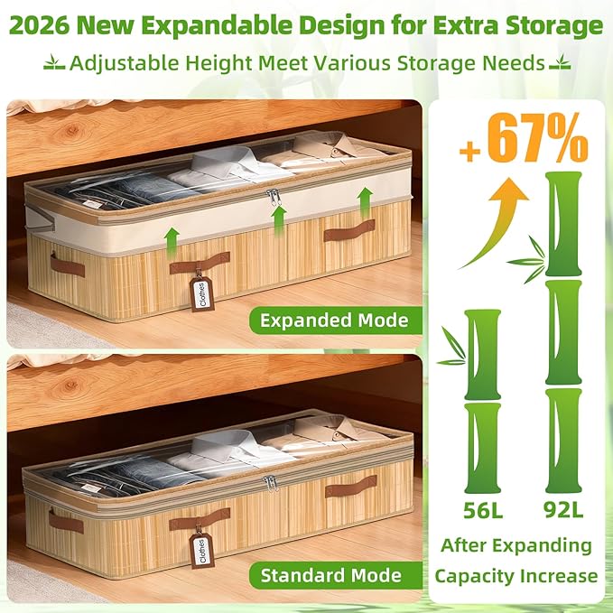 Livole 2 Pack Bamboo Under Bed Storage, 6-10 inches Height Adjustable Underbed Storage Containers, 92L XXXL Large Under Bed Storage Bins with Clear Lid & Label for Clothes, Blankets, Sweater, Shoes