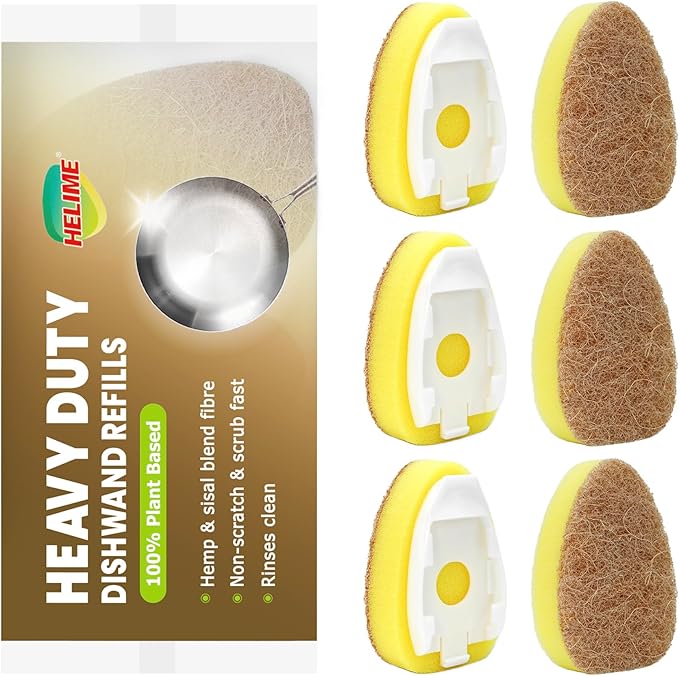 HELIME Natural Dishwand Refills Sponge, Non Scratch Dish Wand Sisal Hemp Replacement Brush Head, Plant Based Heavy Duty Scrubber Dispenser, Dishwashing Cleaning Supplies for Kitchen Sink Dishwash Tool