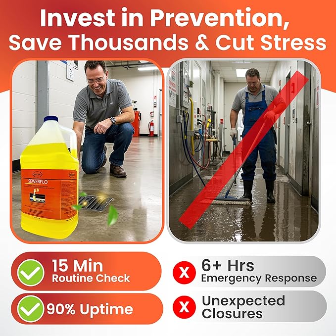 SewerFlo Main Line Sewer Drain Cleaner Heavy Duty, Clears Sand, Silt and Mud from Catch Basins, Breaks Up Clogs & Keeps Particles in Suspension, Safe & Concentrated (1 Galon, 1, Count)