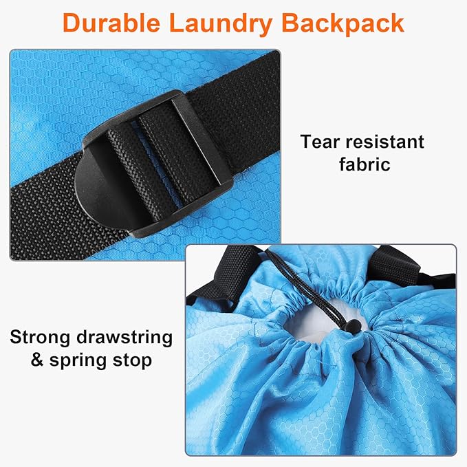 Femuar Laundry Bag Backpack Durable Laundry Bag with Shoulder Straps and Mesh Pockets Portable Laundry Dirty Clothes Hamper Bag for College Dorm (Blue)