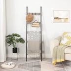 HOOBRO Blanket Ladder, 5-Tier Towel Rack with Hooks, Wall-Leaning Blanket Rack, Decorative Display Ladder Shelf, Scarves, Industrial, Living Room, Bedroom, Greige and Black BG52CJ01