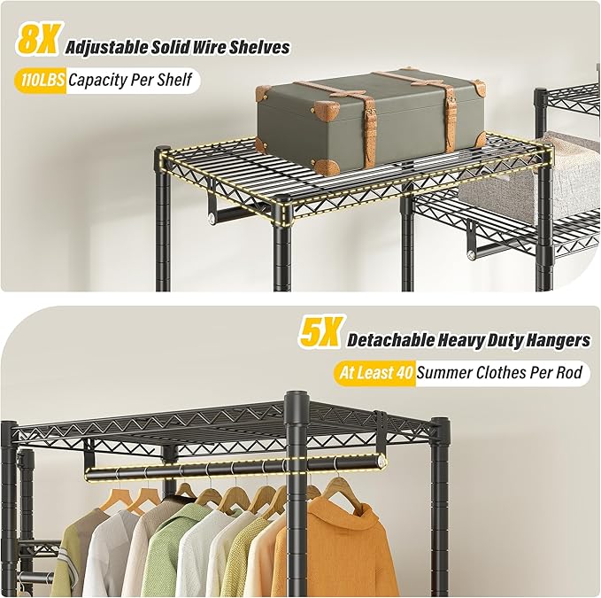 Raybee Clothes Rack with Cover,Clothing Racks for Hanging Clothes Heavy Duty,Portable Closet with Shelves,Adjustable,Loads 905 LBS,Black,75" W*17.8" D*77" H