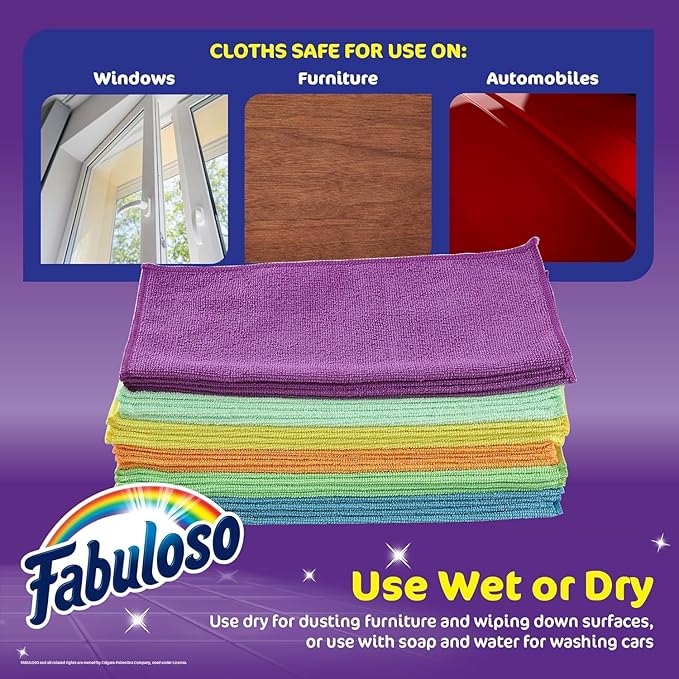 Fabuloso Microfiber Cleaning Cloths, Rainbow - Lint-Free, Scratch-Free Cleaning Cloths for Surfaces and Wood Furniture - Dustless Cloth for Bold and Bright Cleaning Experience, 24 Count - 2 Pack