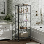 SINGAYE 5 Shelves Storage Shelf Wire Closet Bathroom Organizers Metal Pantry Kitchen Small Garage Shelving Unit Laundry Room Organization Home Narrow Rack Net Basket with Wheels Black