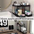 2PC Under Sink Organizer Rack 2 Tier Under Sliding Cabinet Basket Organizer Drawer with 4 Hooks, Multi-purpose Under Sink Storage for Bathroom Kitchen Desktop（Black）