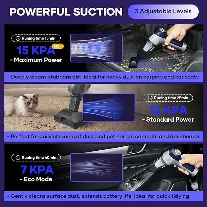 Mini Vacuum Cleaner, 3 in 1 Car Vacuum Cleaner High Power, 15000PA Powerful Suction, Air Duster, 7500mAh, Dual Filter,Adjustable Small Vaccum Portable Cordless for Cars,Desktop - Deep Blue