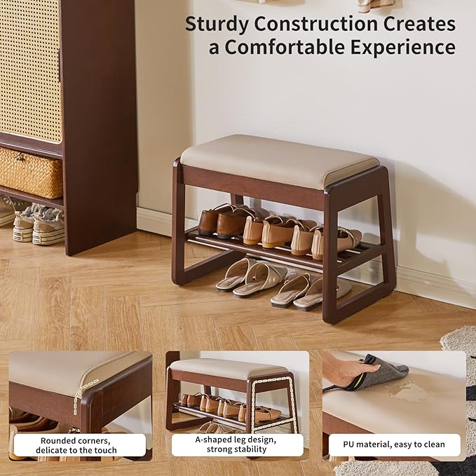 Solid Wood Shoe Bench with Cushion, 2 Tiers Wood Shoe Bench with Flip-Top Storage, 23.62in Shoe Rack for Entryway, Hallway, Walnut Color YD-WD060B