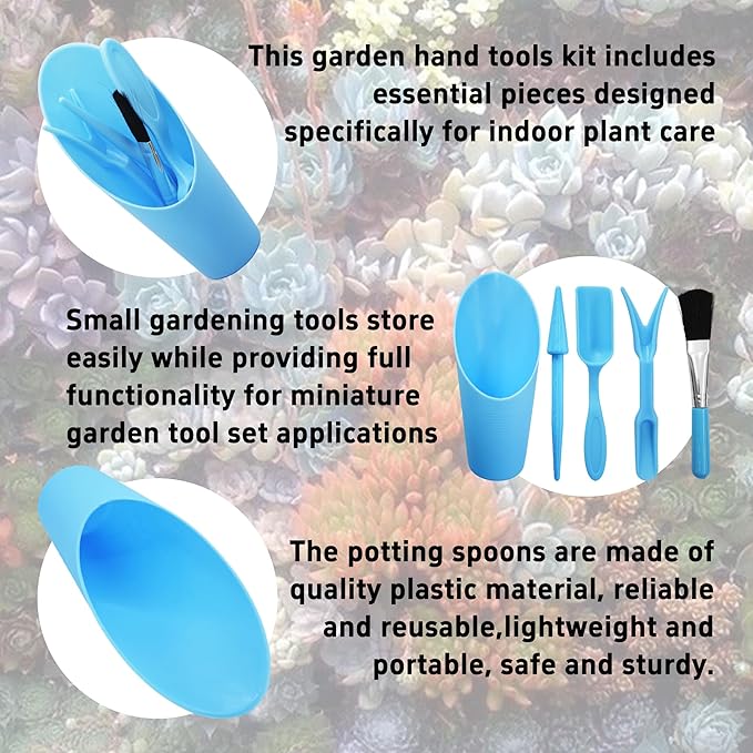 5Pcs Mini Succulent Tools Set, Plastic Garden Hand Tools Kit for Indoor Plant Care, Succulent Bonsai Miniature Garden Tool Set,Small Gardening Tools for Transplanting Digging Planting, Blue