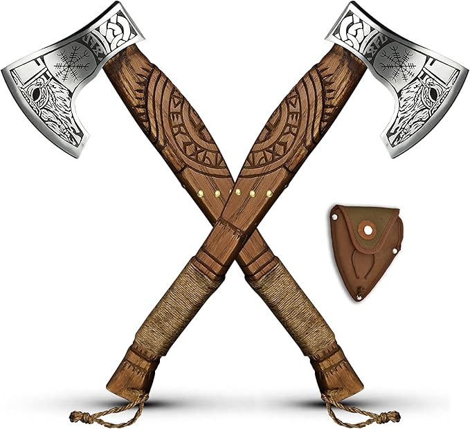 Pair of Viking Axes – Forged High Carbon Steel Norse Bearded Axes | Balanced Throwing Hatchets | Handcrafted Ash Wood Shaft | Sheaths Included | Odin Style Gifts for Men