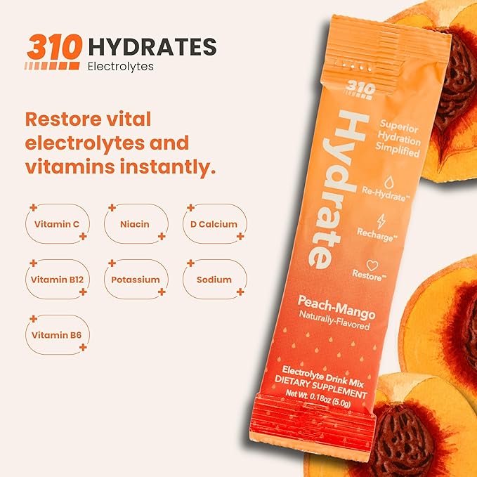 310 Nutrition Sugar Free Electrolytes Powder - Instant Hydration Packets for Daily Fluid Balance - Caffeine-Free Rehydration Drink Mix w/ Vitamins, Low Calorie & Keto Friendly - Peach Mango 30 Singles