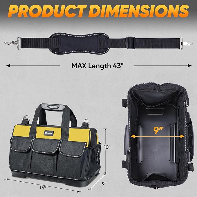 TICONN Heavy Duty Tool Bag with Multi-Pockets, Portable Tool Box Organizer Storage Bag, with Adjustable Shoulder Strap and Ergonomic Handle (Yellow, 16" Molded Base)