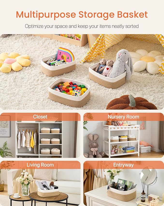 Small Woven Basket, 12 x 8 x 4.5 Inches, Storage Basket for Organizing, Cute Small Rope Shelf Closet Cube Storage Bins Baskets for Shelves, Dog Toy Gift Baskets Empty, 3 Pack White & Brown