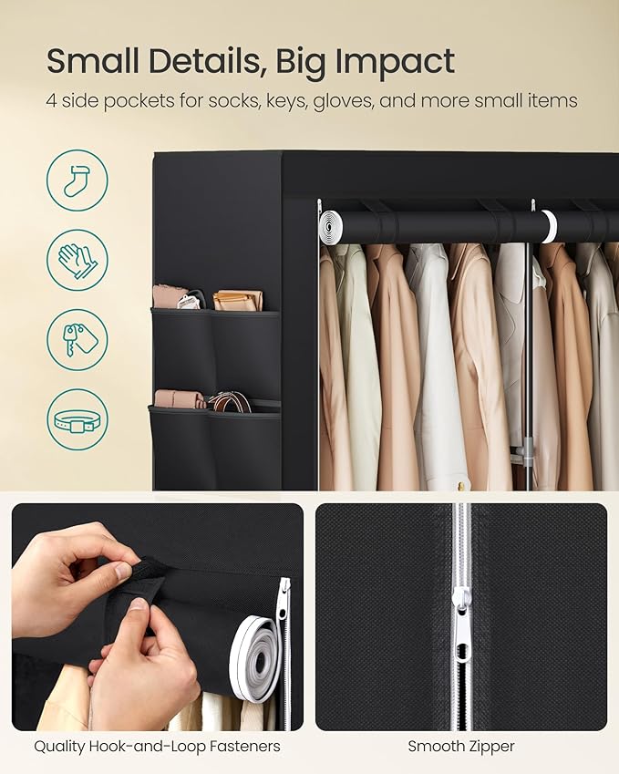 SONGMICS Portable Closet, Wardrobe Closet Organizer with Cover, 2 Hanging Rods and Shelves, 4 Side Pockets, 33.9 x 17.7 x 65.7 Inches, Large Capacity for Bedroom, Living Room, Ink Black URYG091B01