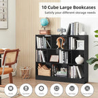 YAHARBO Black Wide Bookshelf,3 Tier Modern Horizontal Bookcase,Wood Low Bookshelves Display Storage Cabinet with Base,Floor Standing 10 Cube Large Bookcases Organizer for Bedroom,Living Room,Office
