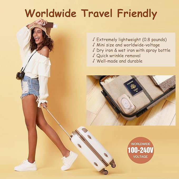 Newbealer Travel Iron with Global Voltage, 100-240V Mini Dry Iron for Clothes (No Steam), Max 300W, 60s Heat Up, 302℉ Non-Stick Ceramic Soleplate, 0.8lbs (Gold with Hard Case)