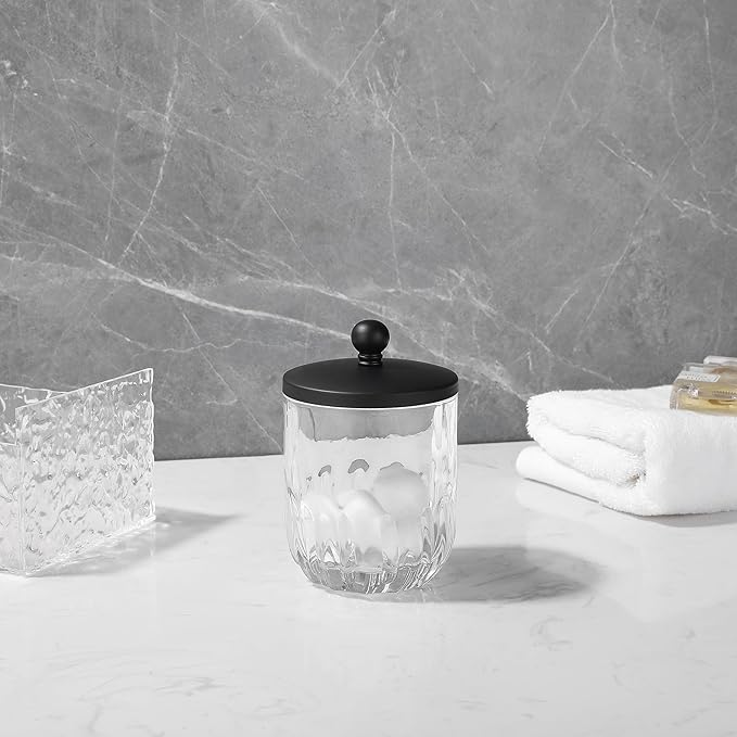 Glass Jar with Metal Lid for Bathroom Organization, Clear Apothecary Jar for Cotton Balls, Q Tips, and Small Accessories, Stylish Bathroom Storage Container Black
