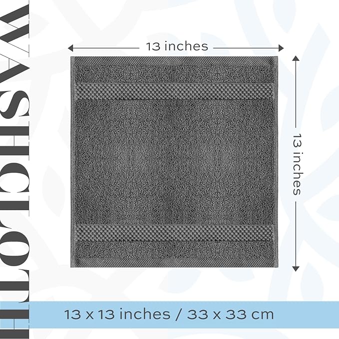 White Classic Luxury Cotton Washcloths 13x13 Inch - 650 GSM Turkish Cotton | Hotel, Spa, Bathroom Face Towel | 12 Pack, Dark Gray