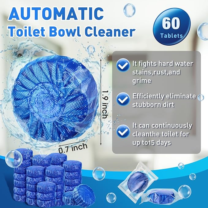 Qualirey 60 Pack Automatic Toilet Cleaner Tablets Toilet Bowl Long Lasting Bathroom Tank Tablets (Blue)