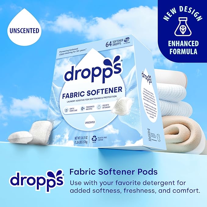 Dropps Laundry Fabric Softener Pods, Unscented (64 Count) - Fabric Softener Liquid Pods for Fluffy, Soft Fabrics - HE Compatible Mineral Based Ingredients Laundry Supplies