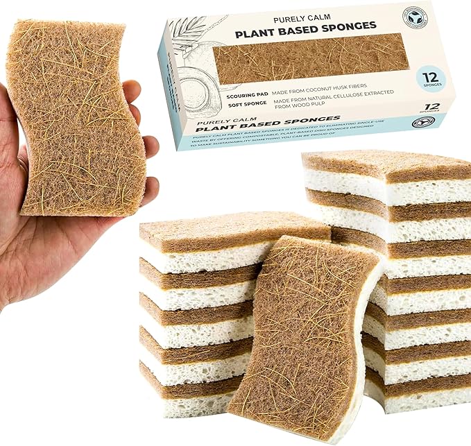 Plant Based Natural Sponge - Pack of 12 Cellulose Sponges, Safe on Non-Stick Cookware, Dual Sided Dish Sponge for Washing Dishes, Kitchen and Household