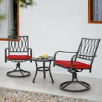 NUU GARDEN 3 Piece Outdoor Bistro Set, Iron Swivel Chairs with Red Cushions and 20" Round Bistro Table, Powder-Coated Iron Frame for Patio, Deck, Garden, Backyard, Black