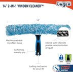 Unger Professional Connect and Clean 2-in-1 Squeegee and Scrubber, 14” Window Cleaning Tool, Essential Glass Cleaner for Commercial and Residential Use, Reusable Microfiber Sleeve, Streak-Free Results