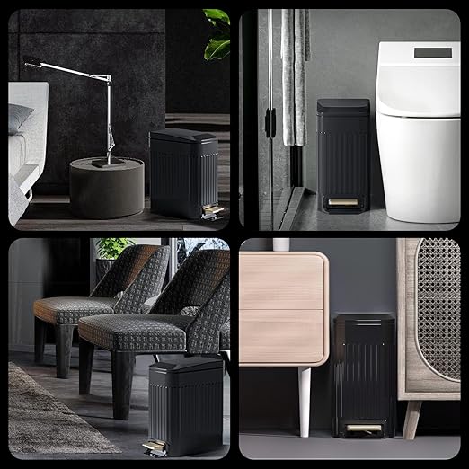 Small Bathroom Trash Can with Lid Soft Close-6L/1.6 Gal Slim Step Garbage Can-Metal Pedal Wastebasket-Narrow Rectangle Garbage Container Bin for Corner Office, Bedroom, Toilet, Live Room-Black