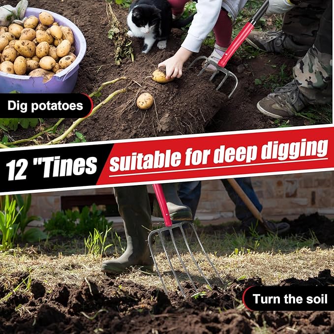 5-Tine Pitch Fork Garden Forks Heavy Duty Manure Fork Pitchfork with Long Fiberglass Handle for Garden Farm Yardwork,58 inches