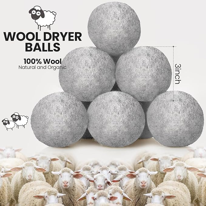 Kenning 26 Pieces Wool Dryer Balls Set, 24 Reusable Dryer Balls with 2 Muslin Bags Fabric Softener for Clothes Laundry Anti Wrinkle Anti Static Saving Energy and Time(Gray)